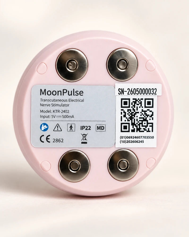 MoonPulse FDA-cleared TENS device with built-in heat back and product label