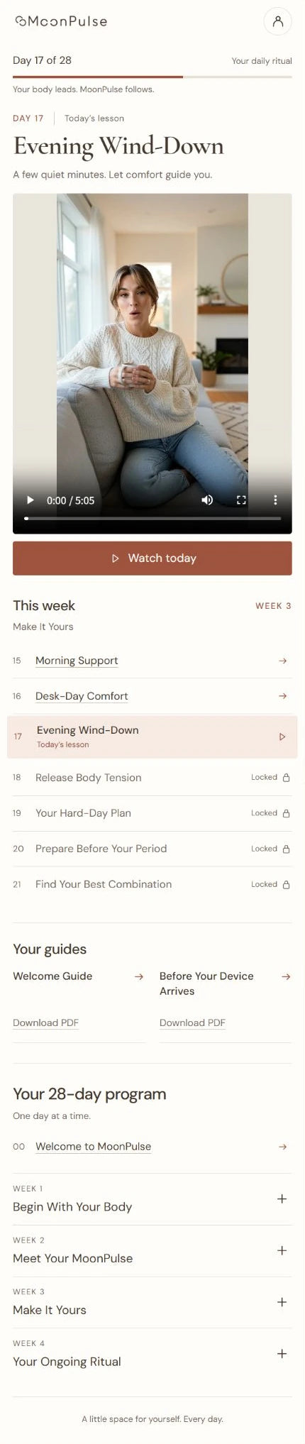 Full actual MoonPulse Day 17 Evening Wind-Down course page, with weekly lessons and program navigation.