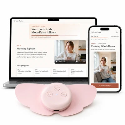 MoonPulse FDA-cleared TENS device with built-in heat and pad with the included program displayed on a laptop and phone