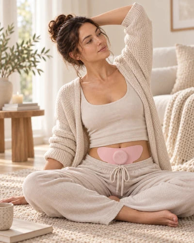 MoonPulse worn on the lower abdomen during a quiet moment at home