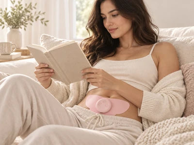 MoonPulse worn on the lower abdomen while reading on the sofa