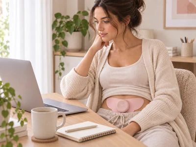 MoonPulse worn on the lower abdomen while working at a laptop